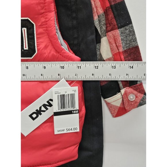 DKNY‎  Size 18M Set Of 3, Red Vest/ Black Pants/ Red Plaid Button Up Long Sleeve - Picture 14 of 15